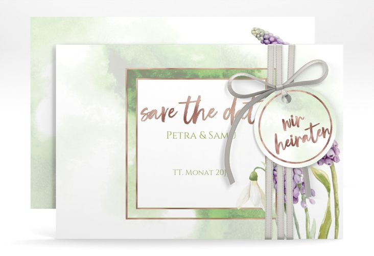 Save the Date-Karte Frühling A6 Karte quer rosegold mit Frühlingsblumen in Aquarell