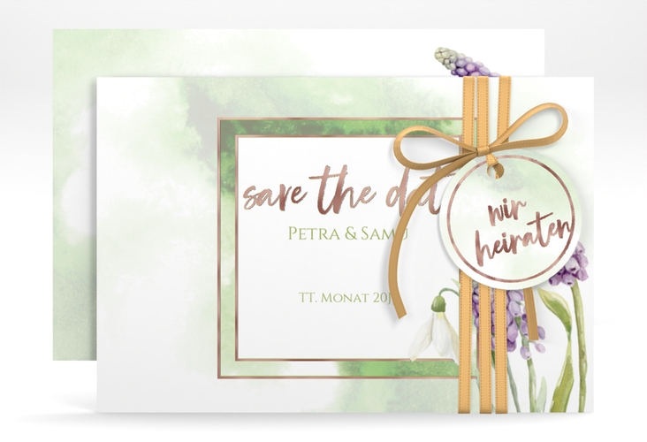 Save the Date-Karte Frühling A6 Karte quer rosegold mit Frühlingsblumen in Aquarell