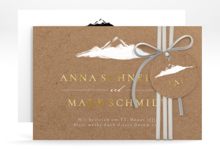 Save the Date-Karte Berghochzeit A6 Karte quer gold mit Berg-Motiv