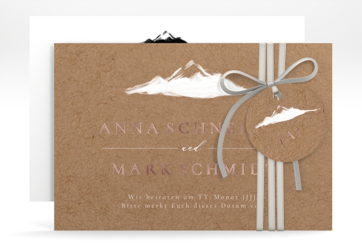 Save the Date-Karte Berghochzeit A6 Karte quer rosegold mit Berg-Motiv