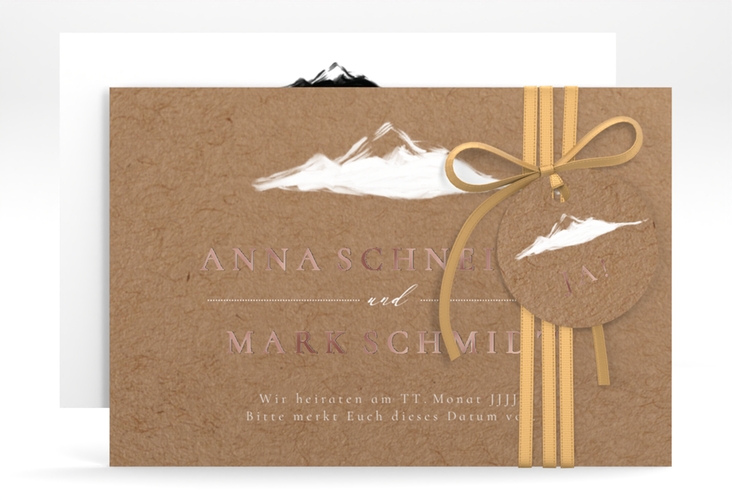 Save the Date-Karte Berghochzeit A6 Karte quer rosegold mit Berg-Motiv