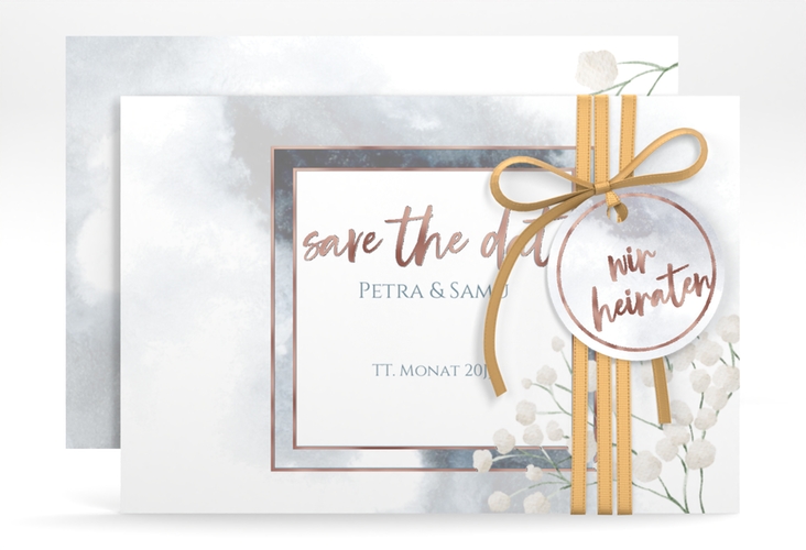 Save the Date-Karte Winter A6 Karte quer rosegold mit Schleierkraut