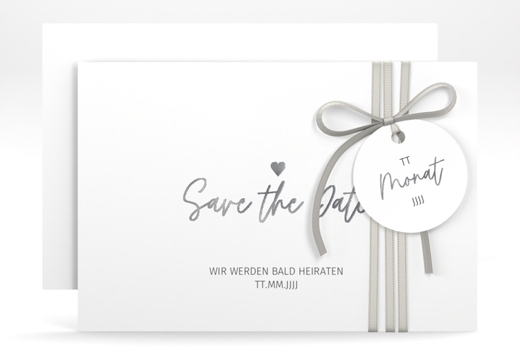 Save the Date-Karte Herzschlag A6 Karte quer silber schlicht und elegant mit Herzchen