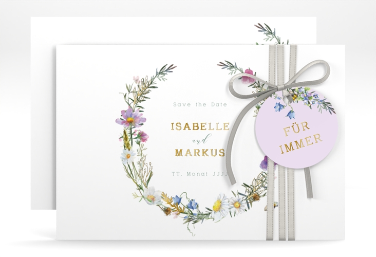 Save the Date-Karte Blumengarten A6 Karte quer gold mit Blumenkranz und Hummel