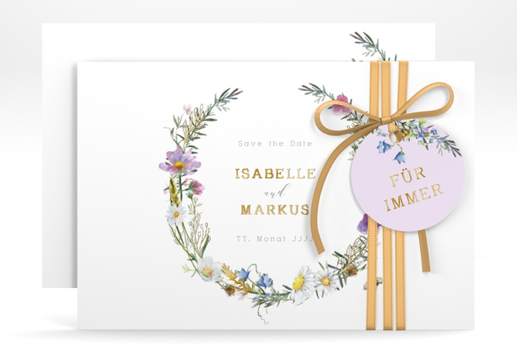 Save the Date-Karte Blumengarten A6 Karte quer gold mit Blumenkranz und Hummel