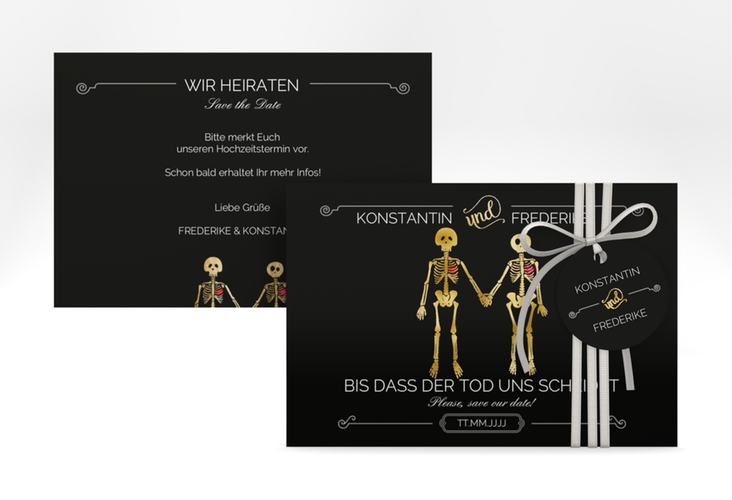 Save the Date-Karte Bones A6 Karte quer gold lustig mit Skelett-Brautpaar