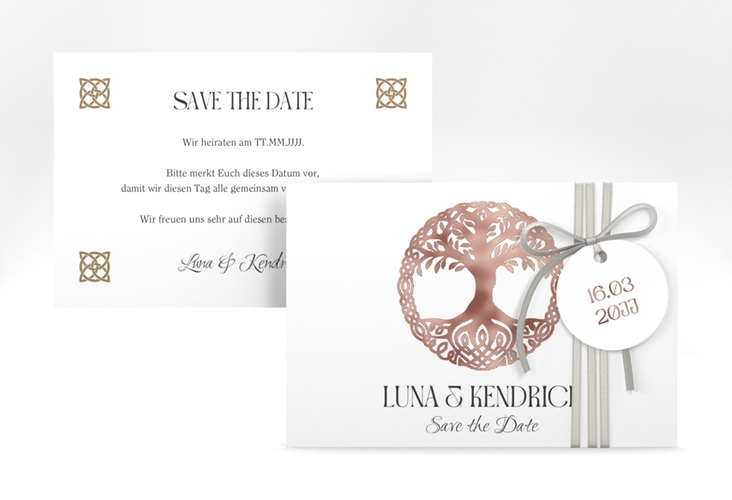 Save the Date-Karte Lebensbaum A6 Karte quer rosegold im Stil der Kelten und Wikinger