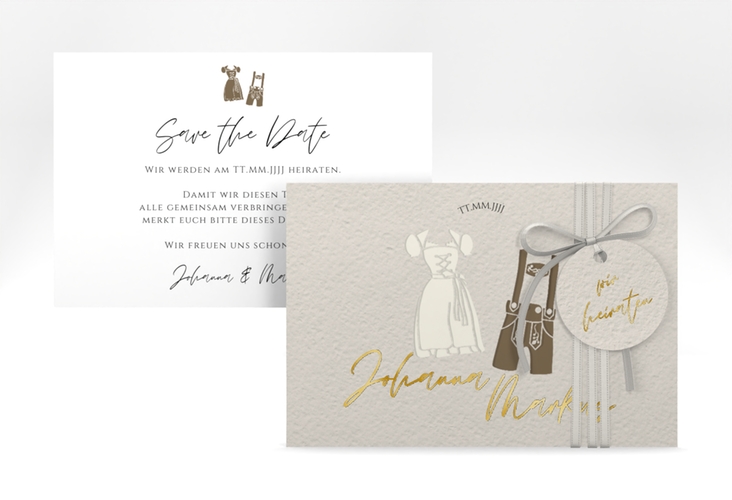 Save the Date-Karte Trachtenhochzeit A6 Karte quer gold mit Dirndl und Lederhose