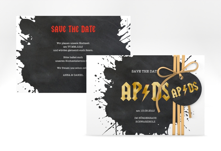 Save the Date-Karte Hardrock A6 Karte quer gold für Rockband-Fans