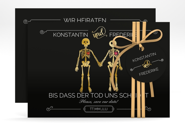 Save the Date-Karte Bones A6 Karte quer gold lustig mit Skelett-Brautpaar