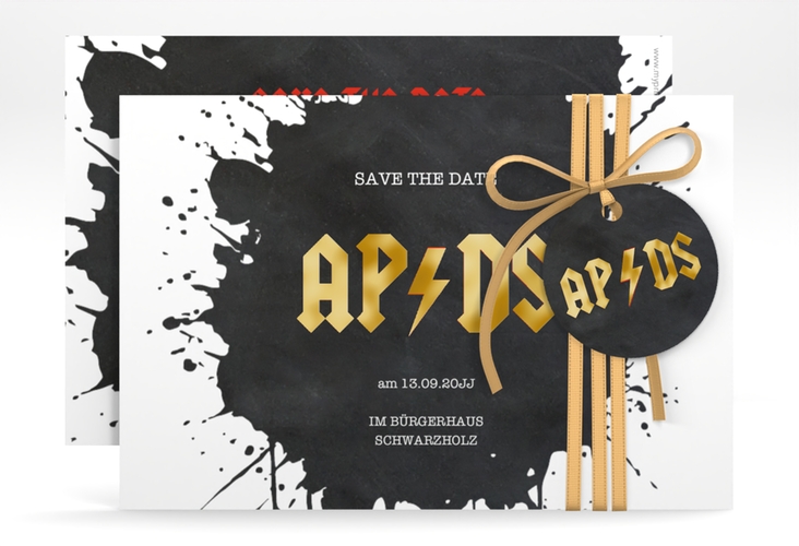 Save the Date-Karte Hardrock A6 Karte quer gold für Rockband-Fans