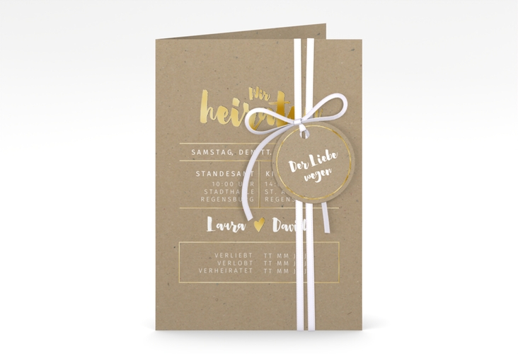 Einladungskarte Hochzeit Letterbox A6 Klappkarte hoch Kraftpapier gold