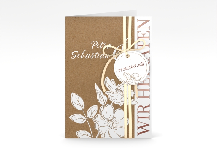 Einladungskarte Hochzeit Windflower A6 Klappkarte hoch Kraftpapier rosegold mit Wildrosen