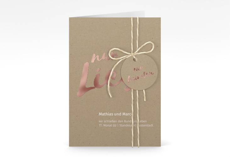 Einladungskarte Hochzeit Message A6 Klappkarte hoch Kraftpapier rosegold