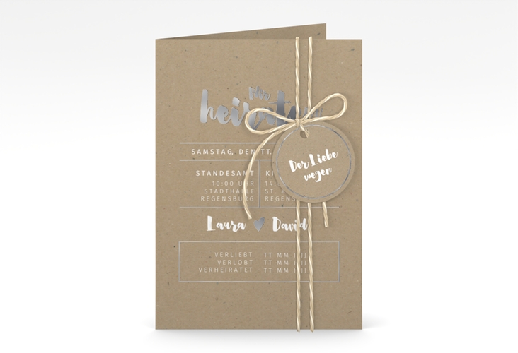Einladungskarte Hochzeit Letterbox A6 Klappkarte hoch Kraftpapier silber