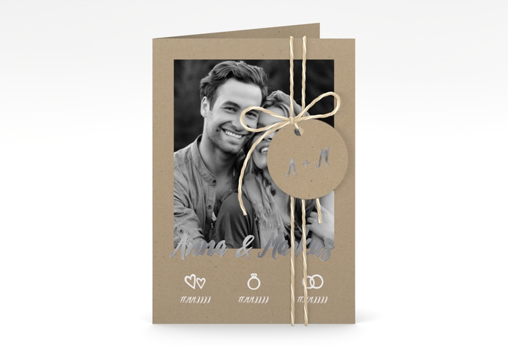 Einladungskarte Hochzeit Icons A6 Klappkarte hoch Kraftpapier silber im Kraftpapier-Look mit Foto