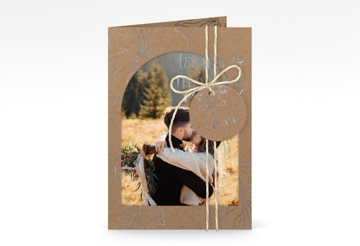 Hochzeitseinladung Alpenblume A6 Klappkarte hoch Kraftpapier silber