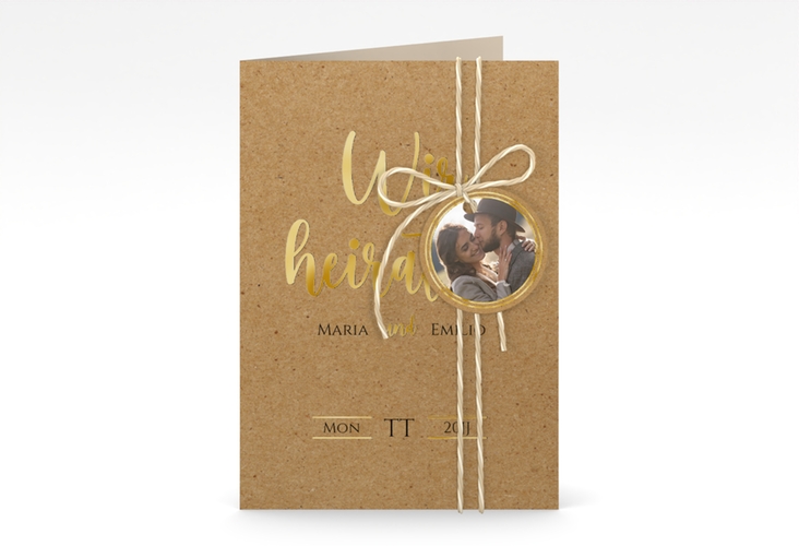 Einladungskarte Hochzeit Noble A6 Klappkarte hoch Kraftpapier gold mit elegantem Schriftzug