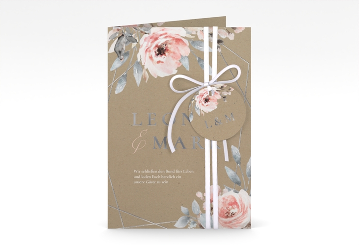 Einladungskarte Hochzeit Perfection A6 Klappkarte hoch Kraftpapier silber mit rosa Rosen