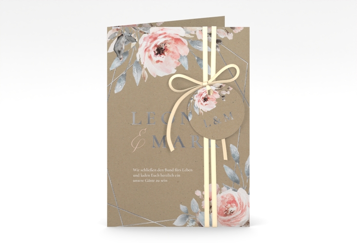 Einladungskarte Hochzeit Perfection A6 Klappkarte hoch Kraftpapier silber mit rosa Rosen