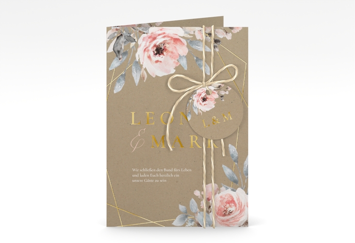 Einladungskarte Hochzeit Perfection A6 Klappkarte hoch Kraftpapier gold mit rosa Rosen