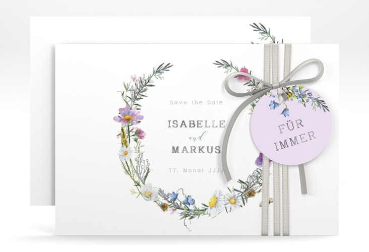 Save the Date-Karte Blumengarten A6 Karte quer bunt silber mit Blumenkranz und Hummel