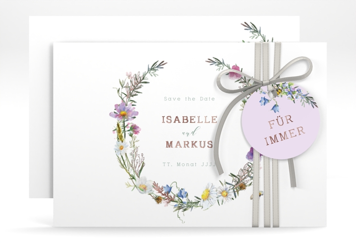 Save the Date-Karte Blumengarten A6 Karte quer bunt rosegold mit Blumenkranz und Hummel