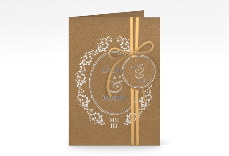 Einladungskarte Hochzeit Gypsophila A6 Klappkarte hoch Kraftpapier silber im Vintage-Stil mit Blumenkranz aus Schleierkraut