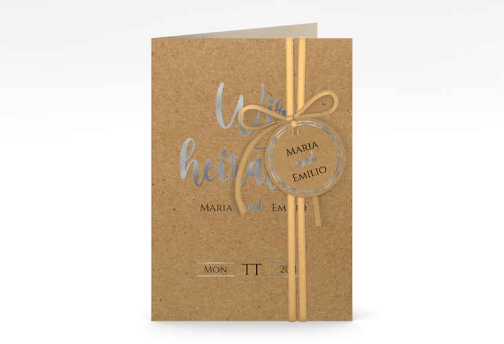 Einladungskarte Hochzeit Noble A6 Klappkarte hoch Kraftpapier silber mit elegantem Schriftzug