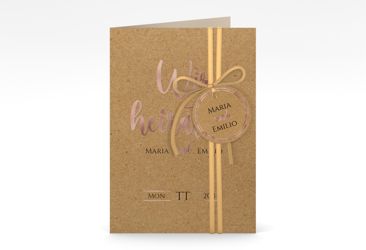 Einladungskarte Hochzeit Noble A6 Klappkarte hoch Kraftpapier rosegold mit elegantem Schriftzug