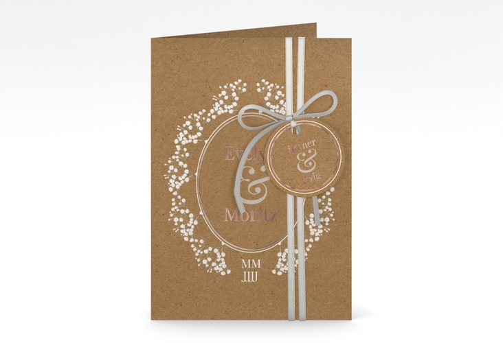 Einladungskarte Hochzeit Gypsophila A6 Klappkarte hoch Kraftpapier rosegold im Vintage-Stil mit Blumenkranz aus Schleierkraut