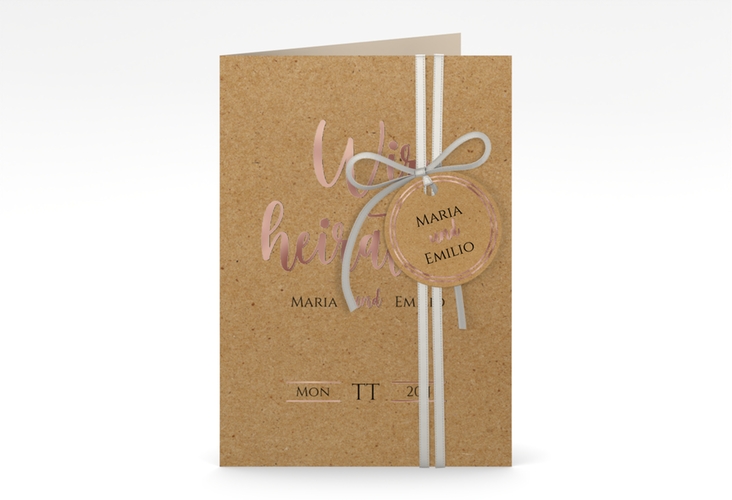 Einladungskarte Hochzeit Noble A6 Klappkarte hoch Kraftpapier rosegold mit elegantem Schriftzug