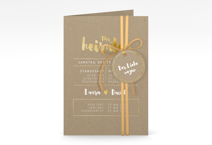 Einladungskarte Hochzeit Letterbox A6 Klappkarte hoch Kraftpapier gold