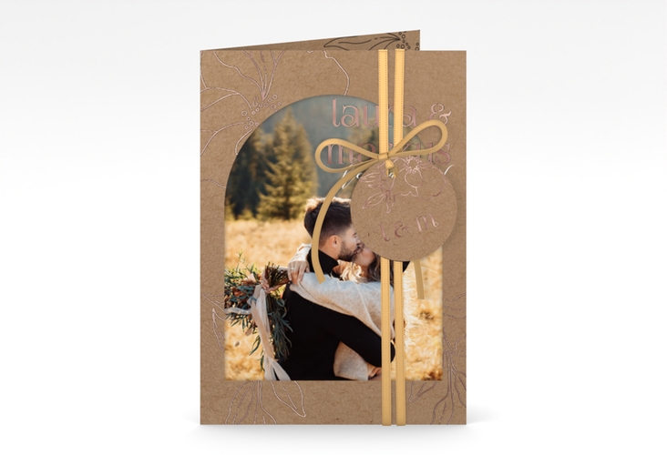 Hochzeitseinladung Alpenblume A6 Klappkarte hoch Kraftpapier rosegold