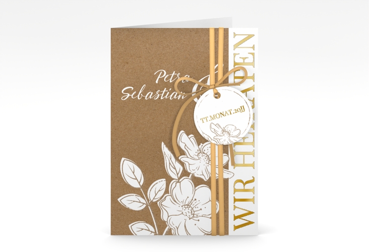 Einladungskarte Hochzeit Windflower A6 Klappkarte hoch Kraftpapier gold mit Wildrosen
