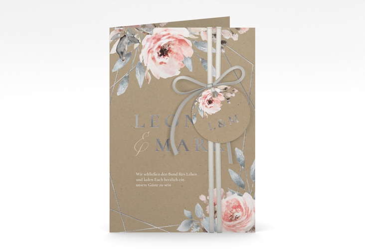Einladungskarte Hochzeit Perfection A6 Klappkarte hoch Kraftpapier silber mit rosa Rosen