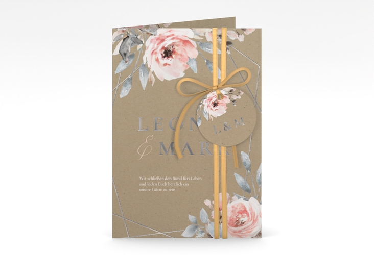 Einladungskarte Hochzeit Perfection A6 Klappkarte hoch Kraftpapier silber mit rosa Rosen