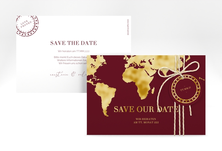 Save the Date-Karte Traumziel A6 Karte quer rot gold im Reisepass-Design
