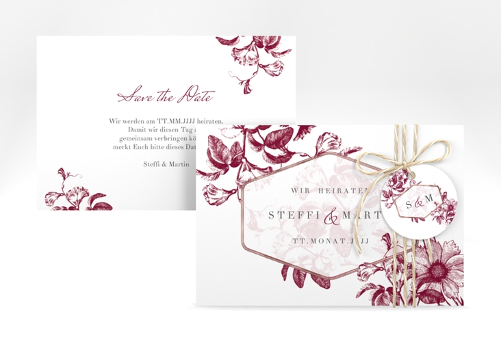 Save the Date-Karte Magnificent A6 Karte quer rot rosegold