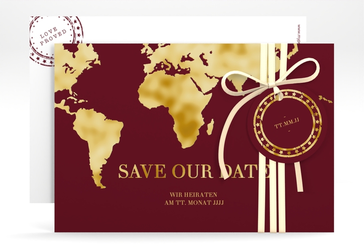 Save the Date-Karte Traumziel A6 Karte quer rot gold im Reisepass-Design