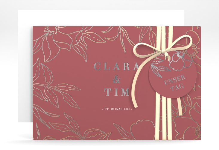 Save the Date-Karte Contour A6 Karte quer rot silber