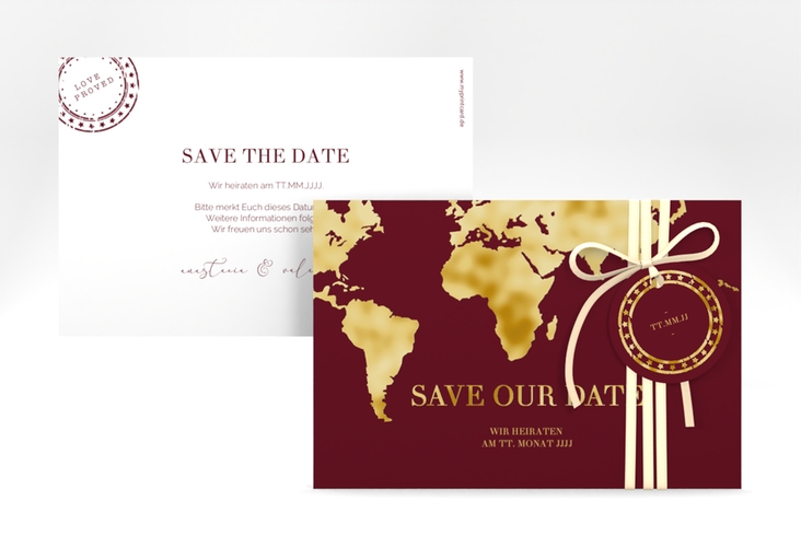 Save the Date-Karte Traumziel A6 Karte quer rot gold im Reisepass-Design