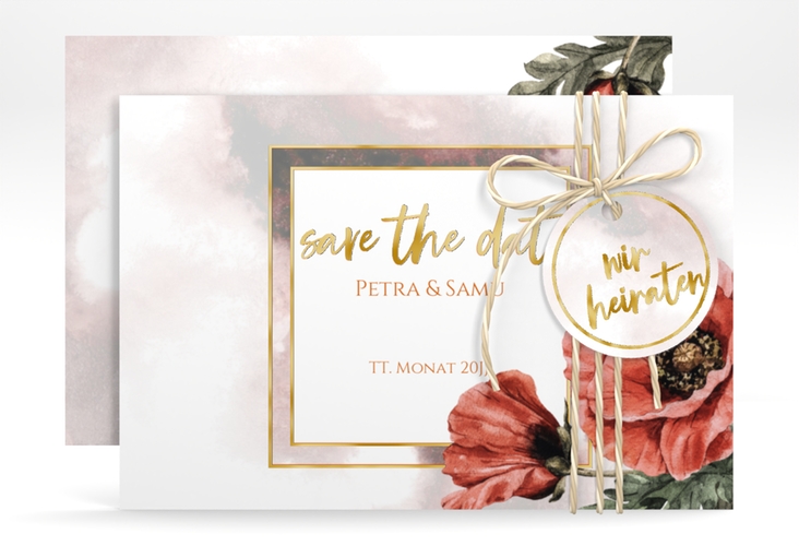 Save the Date-Karte Sommer A6 Karte quer rot gold mit Mohnblumen-Aquarell