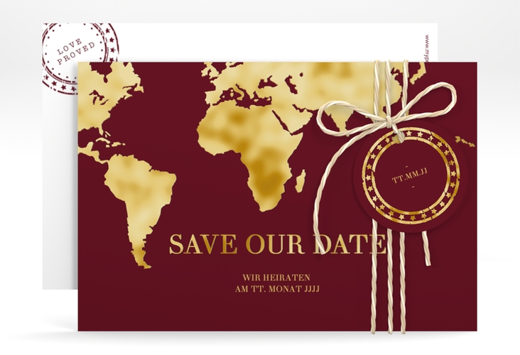 Save the Date-Karte Traumziel A6 Karte quer rot gold im Reisepass-Design