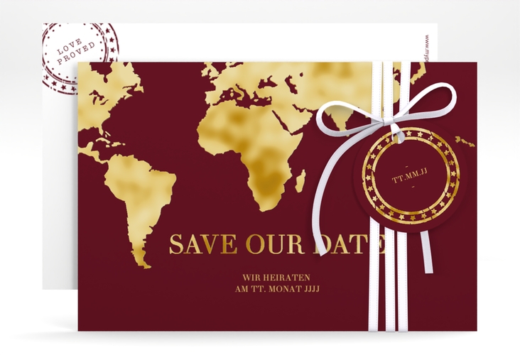 Save the Date-Karte Traumziel A6 Karte quer rot gold im Reisepass-Design