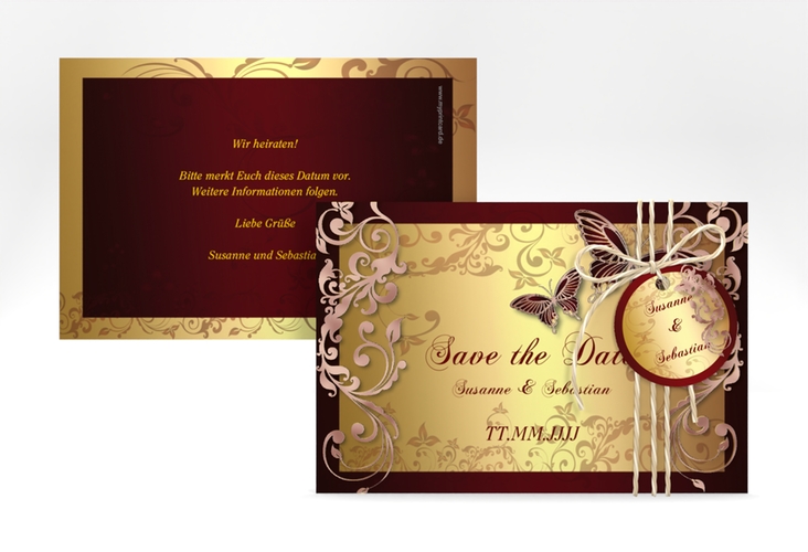 Save the Date-Karte Hochzeit Toulouse A6 Karte quer rot rosegold romantisch mit Schmetterlingen