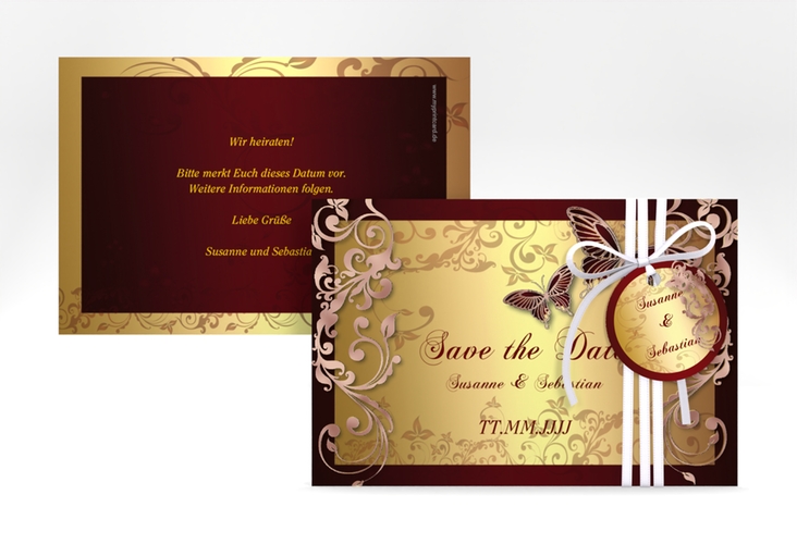 Save the Date-Karte Hochzeit Toulouse A6 Karte quer rot rosegold romantisch mit Schmetterlingen