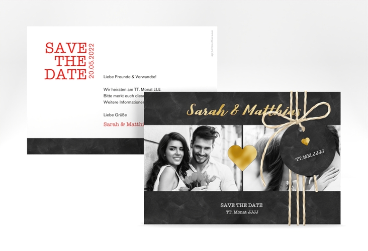 Save the Date-Karte Sparkly A6 Karte quer rot gold