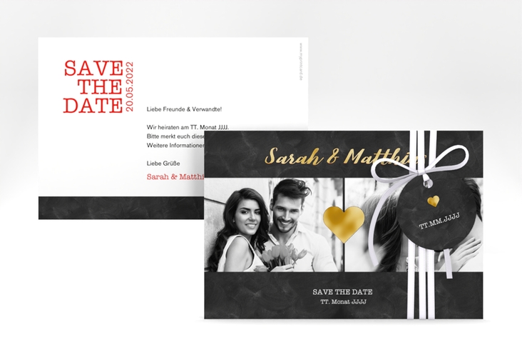 Save the Date-Karte Sparkly A6 Karte quer rot gold