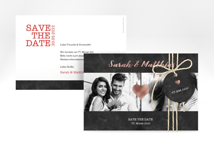 Save the Date-Karte Sparkly A6 Karte quer rot rosegold